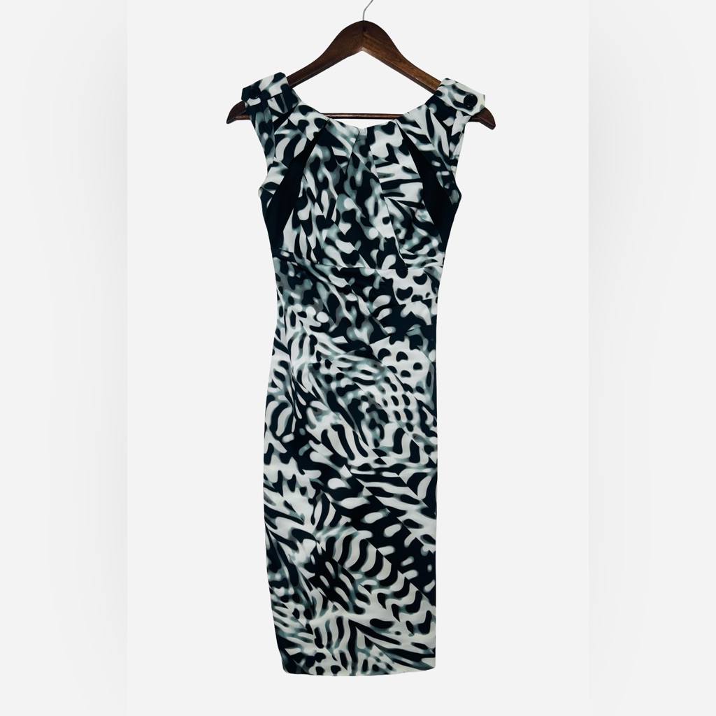Karen Millen Sleeveless Geometric Pieced Animal Print Dress Sz 2 Plunging Back
